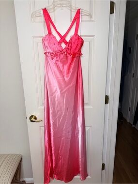 Morgan & Co. Pink Ombre Satin Maxi Dress with Crisscross Straps